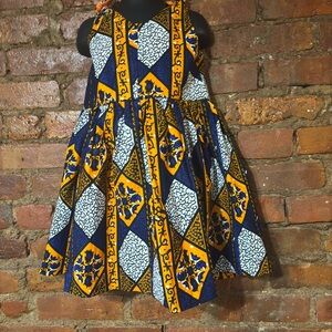Sleeveless Diamond Print Girls Dress in Navy, Yellow & White
